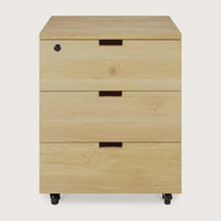 Ethnicraft Oak Billy Drawer unit with three soft-closing drawers, key lock, and wheels for easy mobility.