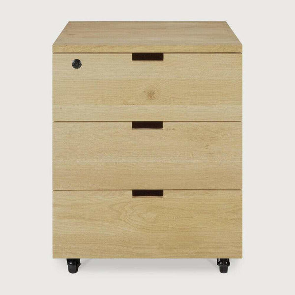 Ethnicraft Oak Billy Drawer unit with three soft-closing drawers, key lock, and wheels for easy mobility.