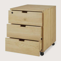 Ethnicraft Oak Billy drawer unit with 3 soft-closing drawers, key lock, and wheels for easy office organization