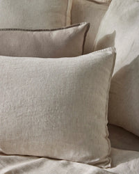 Close up of the flanged edge on a Sova Savanna linen Euro pillowcase