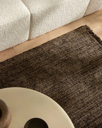 Handwoven Weave Puglia Rug in Fossil with chunky textured weave in brown, grey, and taupe tones and fringe detailing