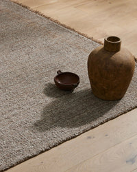 Handwoven chunky taupe Puglia Rug with fringe, soft polyester and wool blend, 2m x 3m