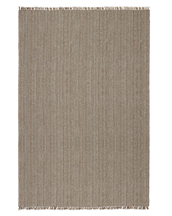 Handwoven Puglia Rug in taupe with chunky textured weave and fringe detail, 2m x 3m size