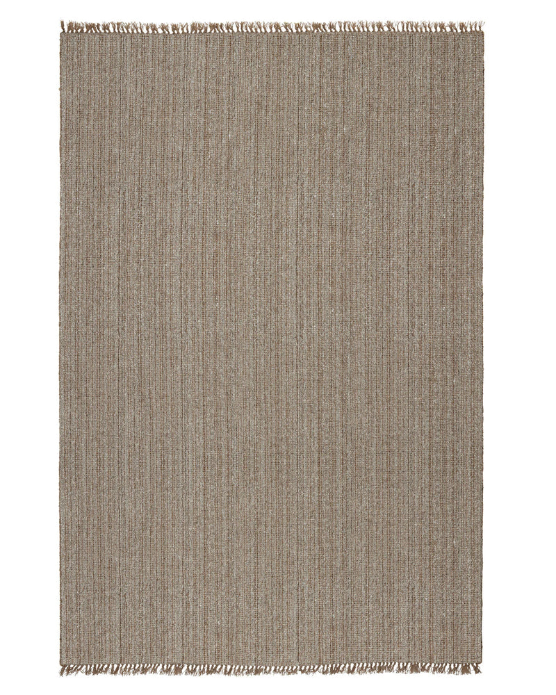 Handwoven Puglia Rug in taupe with chunky textured weave and fringe detail, 2m x 3m size