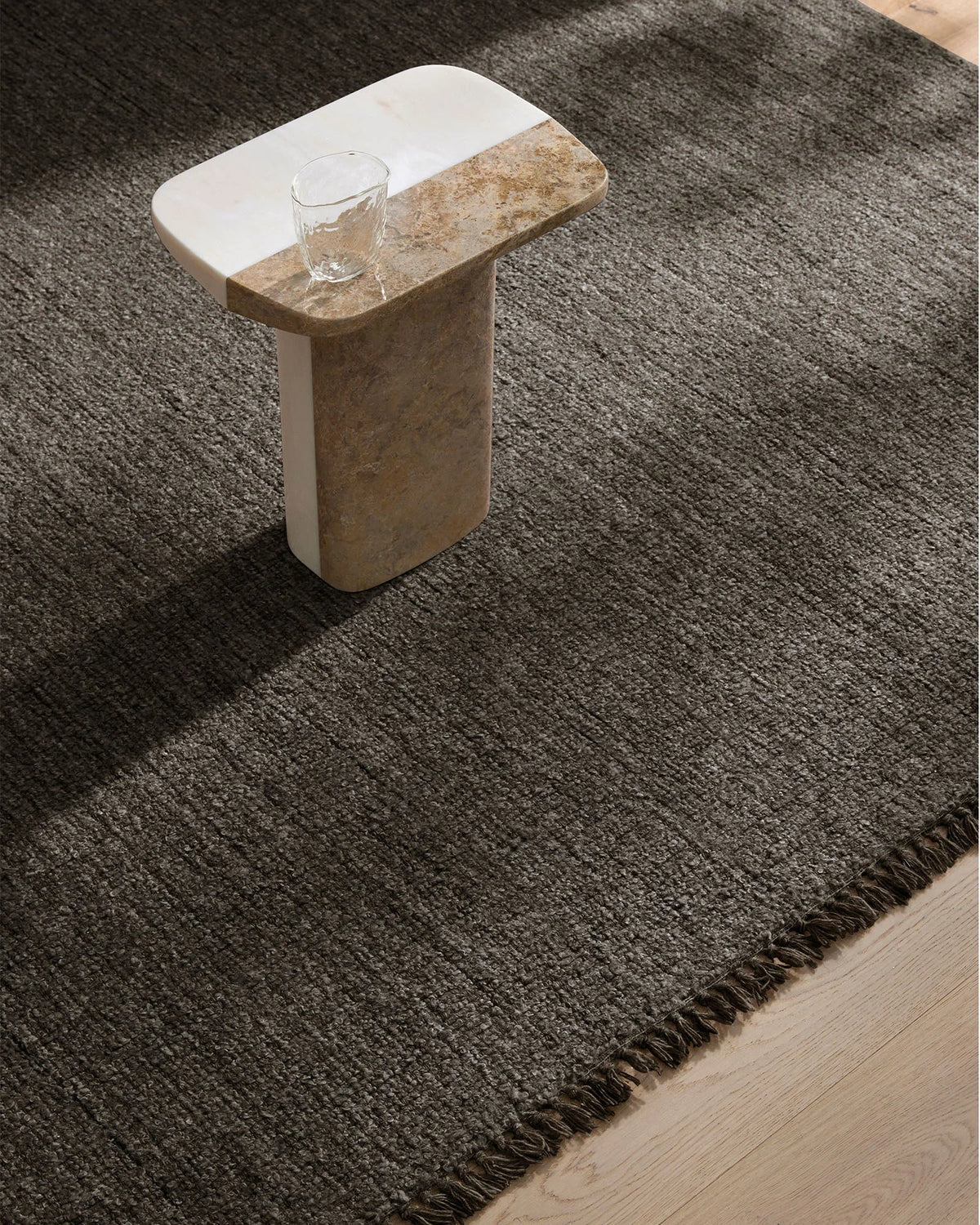 Handwoven multi-tone weave Weave Puglia Rug in pigeon color with fringe detail and chunky texture