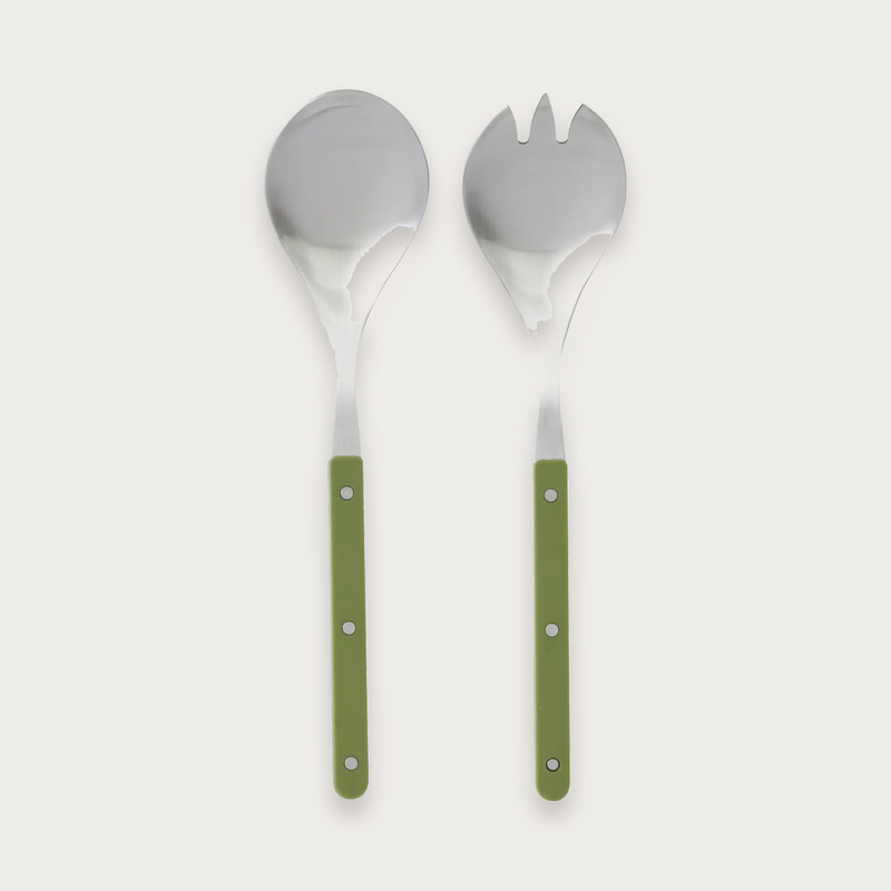 Remy salad servers with olive handles on a soft grey background