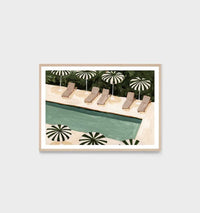 Middle of Nowhere Resort Pool print with green pool and striped umbrellas in a minimalist frame