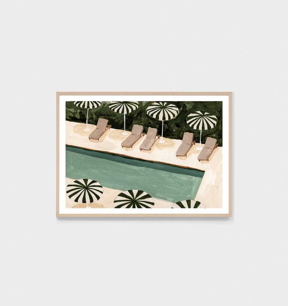 Middle of Nowhere Resort Pool print with green pool and striped umbrellas in a minimalist frame
