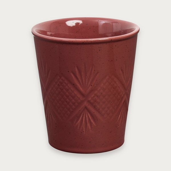 Robert Gordon Hardware Lane latte cups in mulled burgundy on a soft grey background
