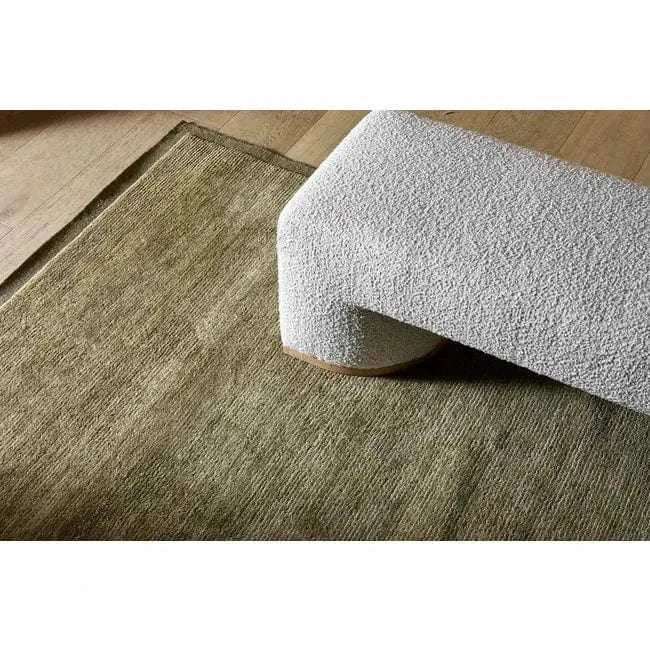 GlobeWest Bower Frame Rug in moss green, hand woven 100% wool indoor rug with a simple silhouette.