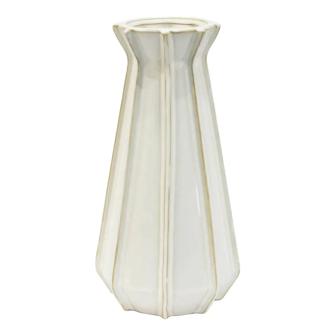 White Hester Ceramic Vase with tapered ridged design and antique detailing for elegant home decor