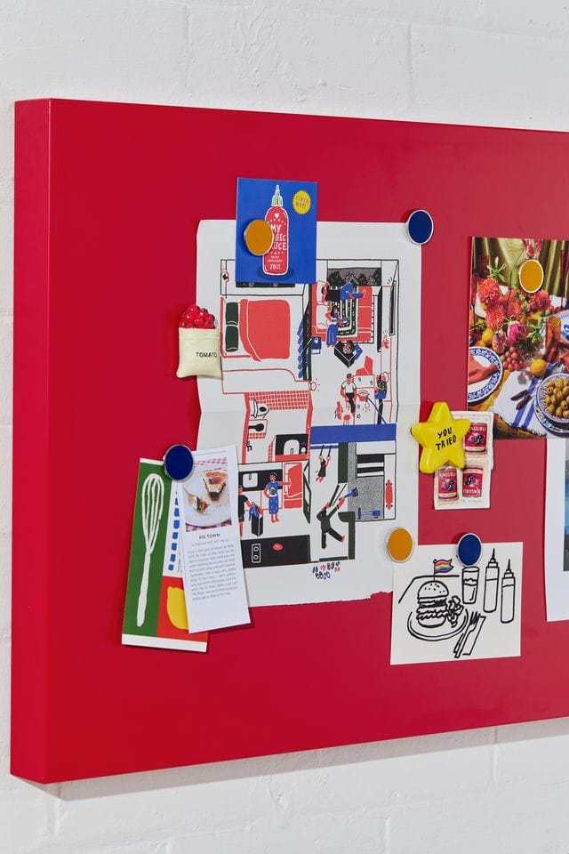 Mustard Made Storyboard in poppy red with magnetic surface and powder coated finish, designed to complement Mustard Made lockers, used as moodboard and display board