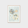 Framed Middle of Nowhere Seaside Canapes print featuring seafood still life in blue tones with a white border