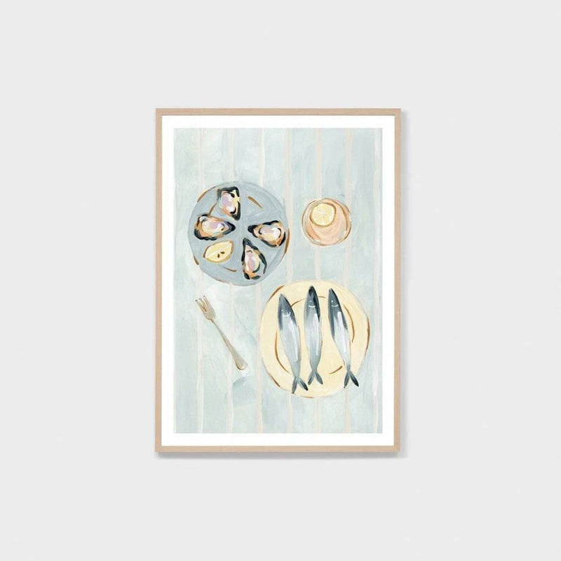 Framed Middle of Nowhere Seaside Canapes print featuring seafood still life in blue tones with a white border