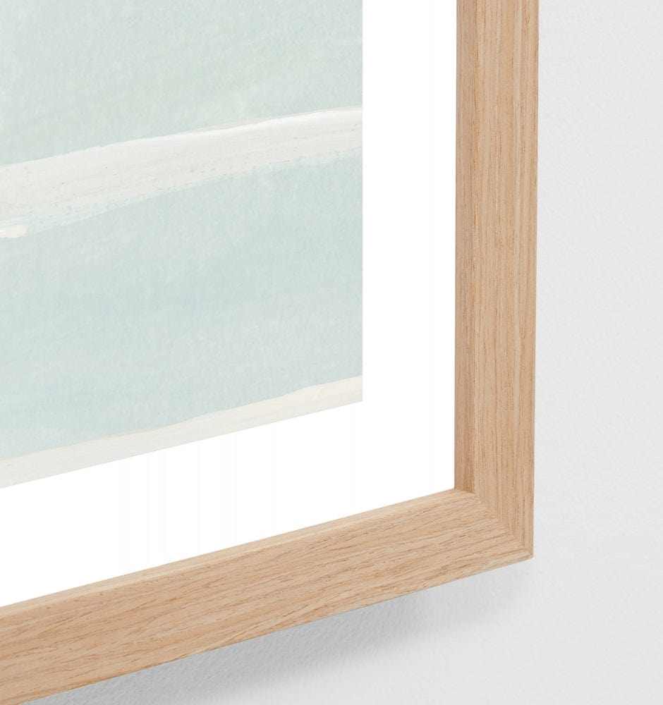 Middle of Nowhere Seaside Canapes Print in blue with white border and oak frame, still life seaside artwork