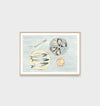 Framed Middle of Nowhere Seaside Canapes Print featuring still life of seafood on blue background with white border.
