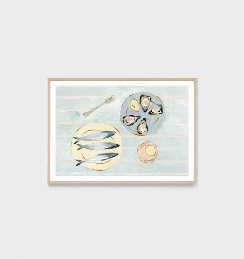 Framed Middle of Nowhere Seaside Canapes Print featuring still life of seafood on blue background with white border.