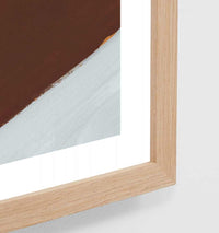 Middle of Nowhere Seaside Dining Blue 1 Print with white border and oak frame close-up