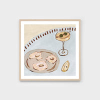 Middle of Nowhere seaside dining still life print with blue tones and light wooden frame