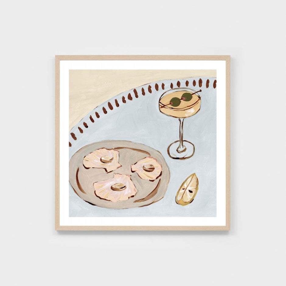 Middle of Nowhere seaside dining still life print with blue tones and light wooden frame