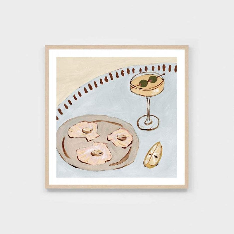 Middle of Nowhere seaside dining still life print with blue tones and light wooden frame