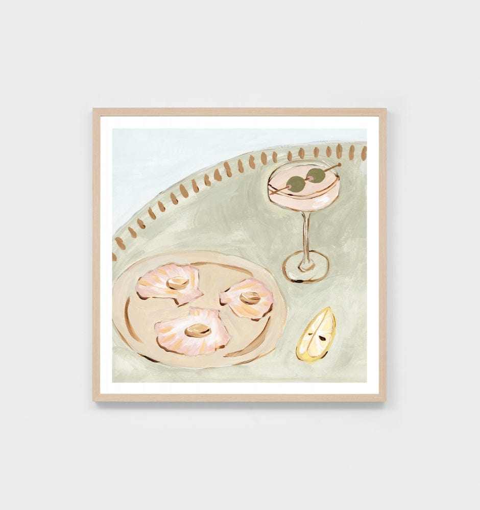 Middle of Nowhere seaside dining still life print with sage tones and natural wood frame