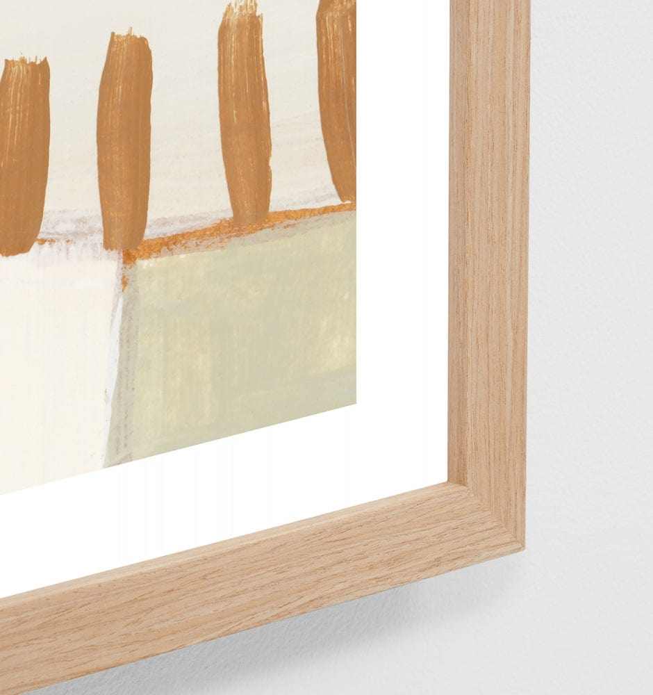 Middle of Nowhere Seaside Dining Sage 3 Print with white border in oak frame, still life artwork.