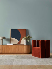 GlobeWest Oberon Crescent Entertainment Unit - Natural Ash, styled in a room setting