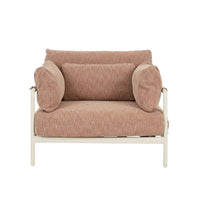 Cape Sofa Chair in Tuscan Brick fabric with sandcastle aluminum frame, outdoor quick-dry cushions, and boucle stripe detailing