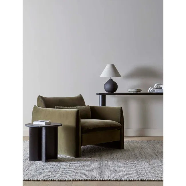Sidney Peak Sofa Chair upholstered in caper velvet with plush cushioning and modern design