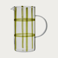 Solstice clear glass jug with olive check stripes and curved handle