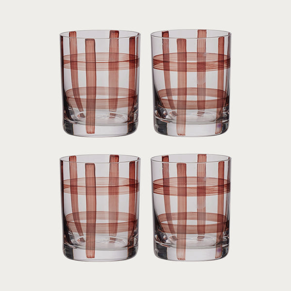 Solstice set of 4 clear glass tumblers with chocolate check stripes