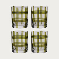 Solstice set of 4 clear glass tumblers with olive check stripes