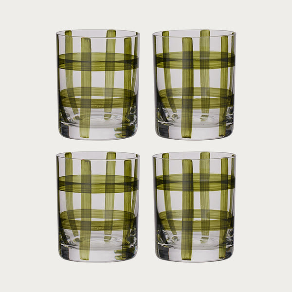 Solstice set of 4 clear glass tumblers with olive check stripes