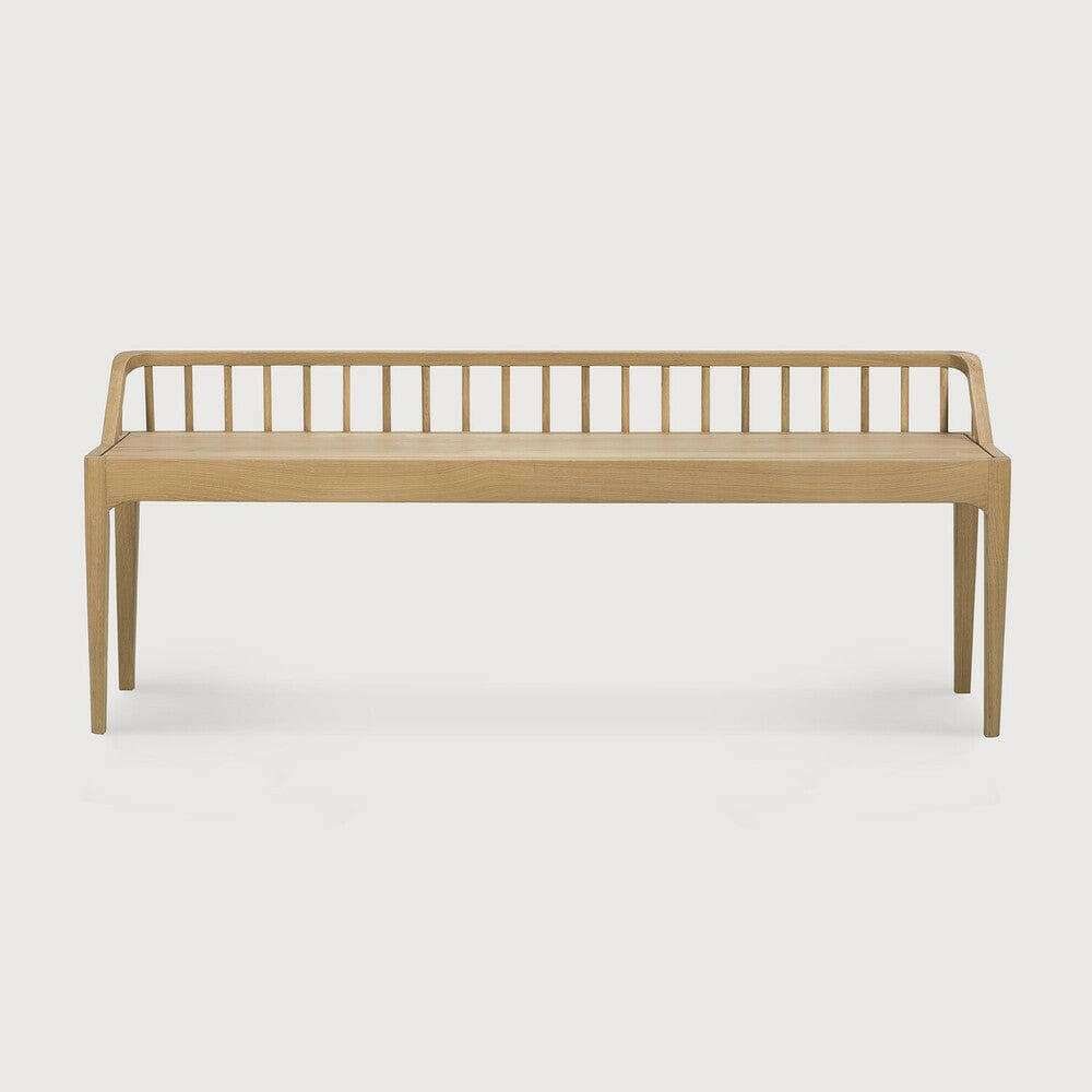 Ethnicraft Spindle Bench seat in natural oak with spindle backrest and solid European oak construction