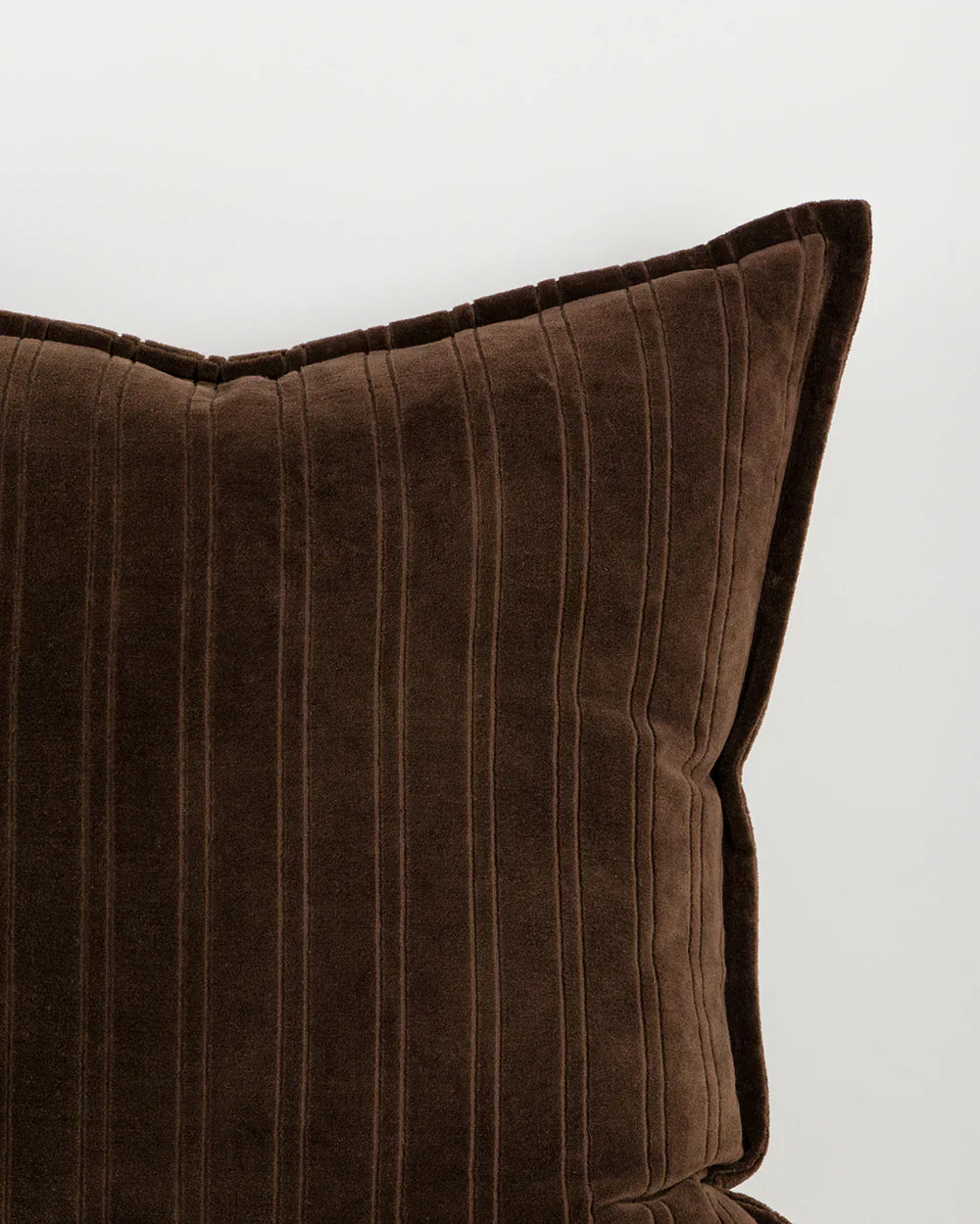 Baya Stria Cushion in chocolate velvet with subtle cut-velvet stripes and flange edge, 55x55cm, 100% cotton