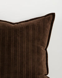 Baya Stria Cushion in chocolate velvet with subtle cut-velvet stripes and flange edge, 55x55cm, 100% cotton