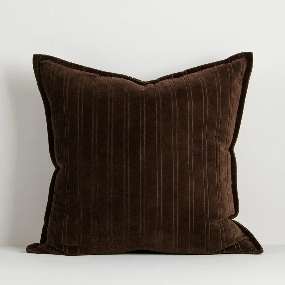 Baya Stria Cushion in chocolate velvet with subtle striped texture and flange edge, 55x55cm cotton velvet pillow