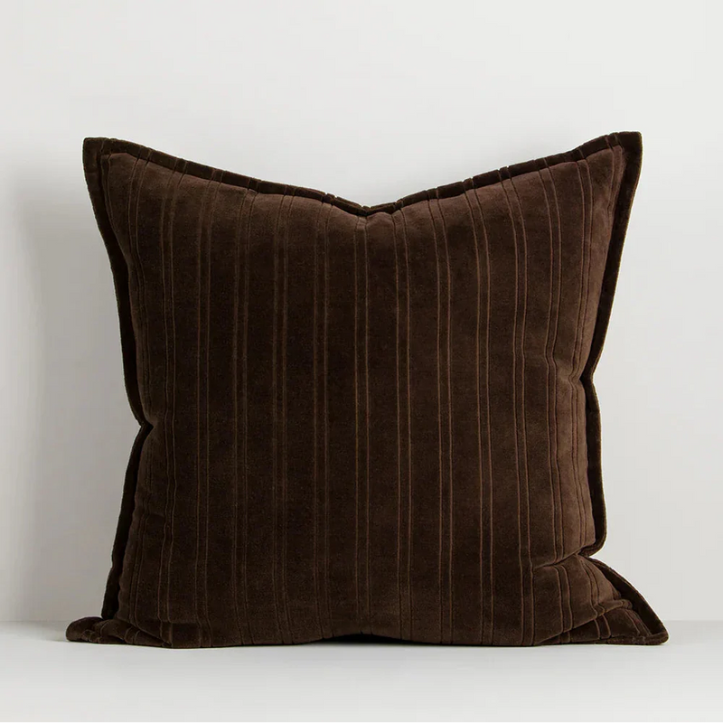 Baya Stria Cushion in chocolate velvet with subtle striped texture and flange edge, 55x55cm cotton velvet pillow