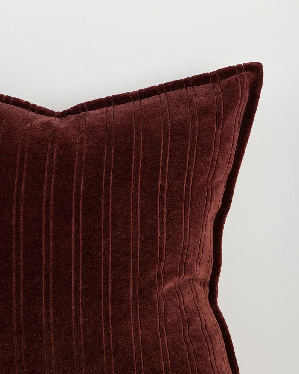 Baya Stria Cushion in merlot velvet with subtle striped texture and flanged edge, 55x55cm cotton throw pillow