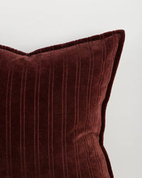 Baya Stria Cushion in merlot velvet with subtle striped texture and flanged edge, 55x55cm cotton throw pillow