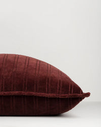 Baya Stria Cushion in merlot velvet with subtle stripe design and flanged edge, 55x55cm cotton velvet pillow