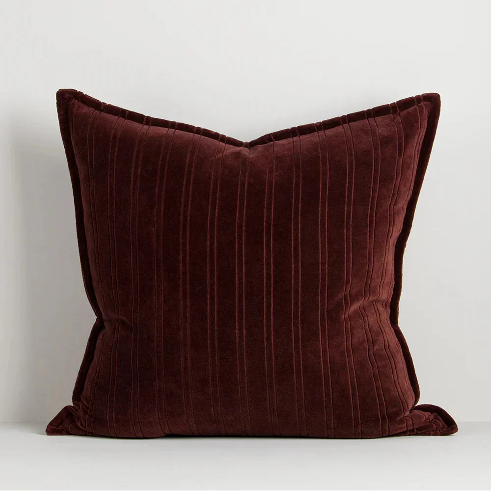 Baya Stria Cushion in merlot velvet with subtle stripe texture and flanged edge, 55x55cm, 100% cotton