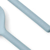 Close-up of Styleware Salad Set in sky blue melamine, dishwasher safe utensils with clean lines and embossed branding