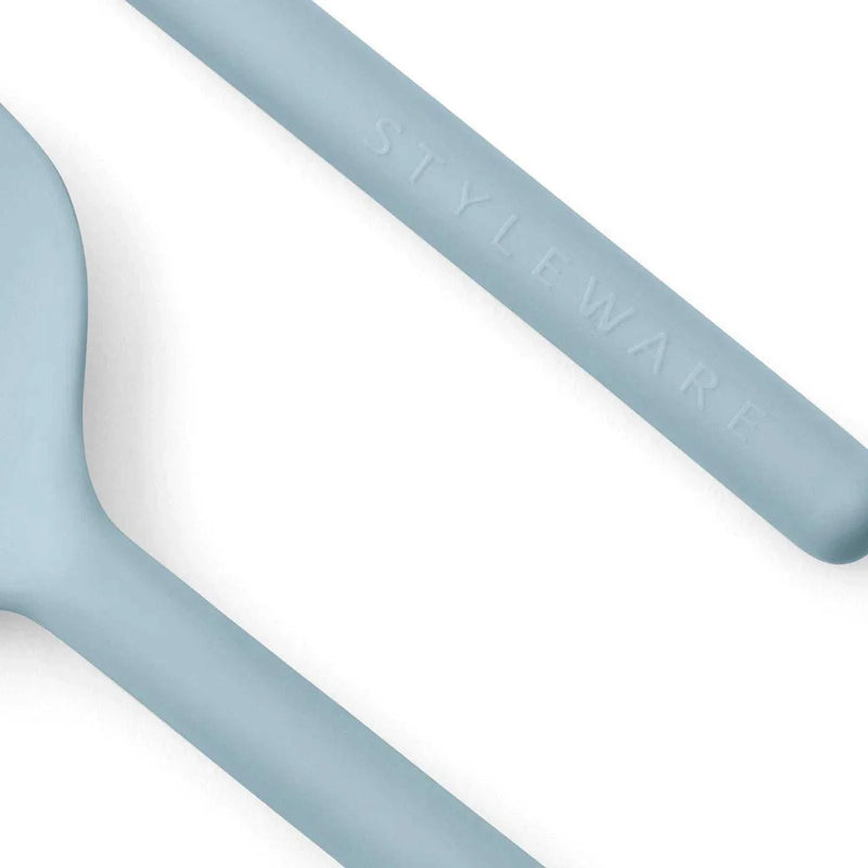 Close-up of Styleware Salad Set in sky blue melamine, dishwasher safe utensils with clean lines and embossed branding