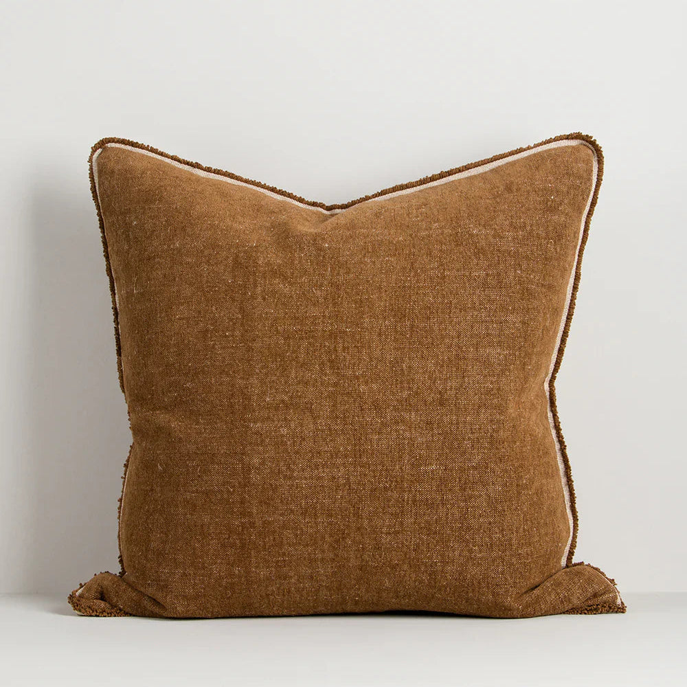 Baya Sutton Cushion in praline cotton-linen chenille with velvety pile and fringe edge, 55x55cm