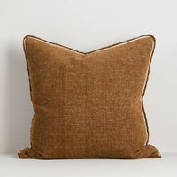 Baya Sutton Cushion in praline cotton-linen chenille with velvety pile and fringe edge, 55x55cm