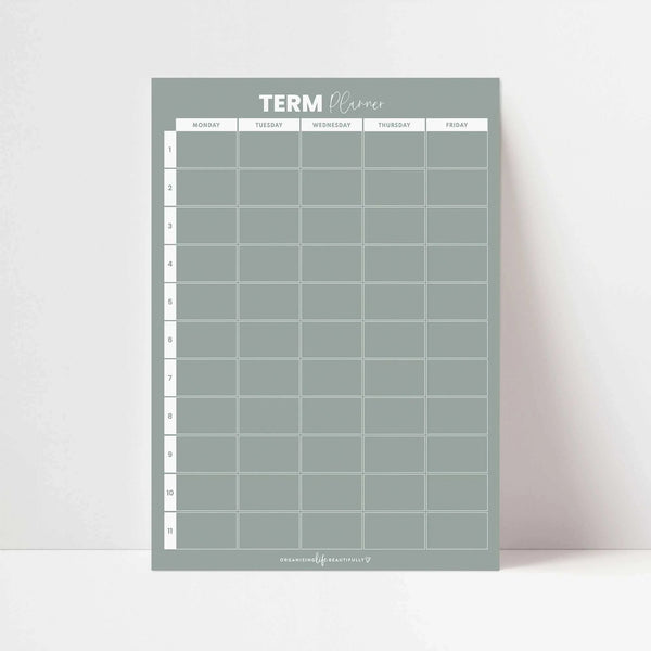 Fridge School Term Planner magnet with 11-week Monday to Sunday layout in sage color on fridge door