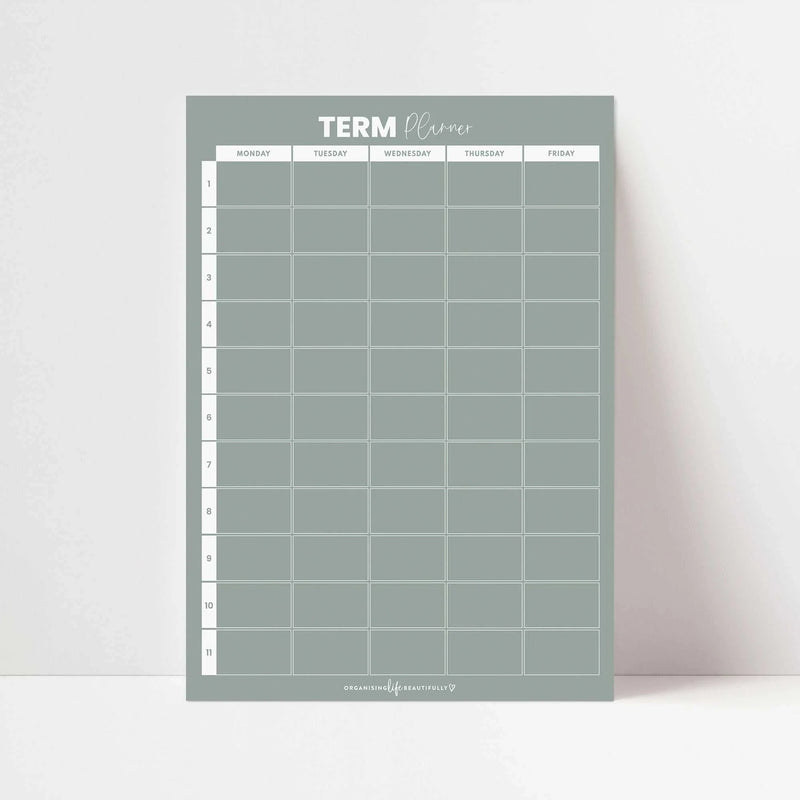 Fridge School Term Planner magnet with 11-week Monday to Sunday layout in sage color on fridge door