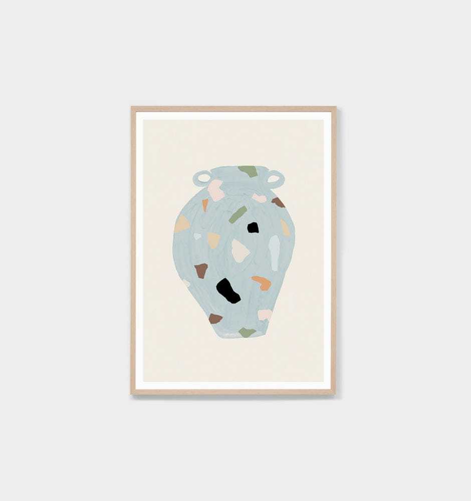 Middle of Nowhere Terrazzo Vase 4 print framed in oak with white border and terrazzo pattern vase illustration